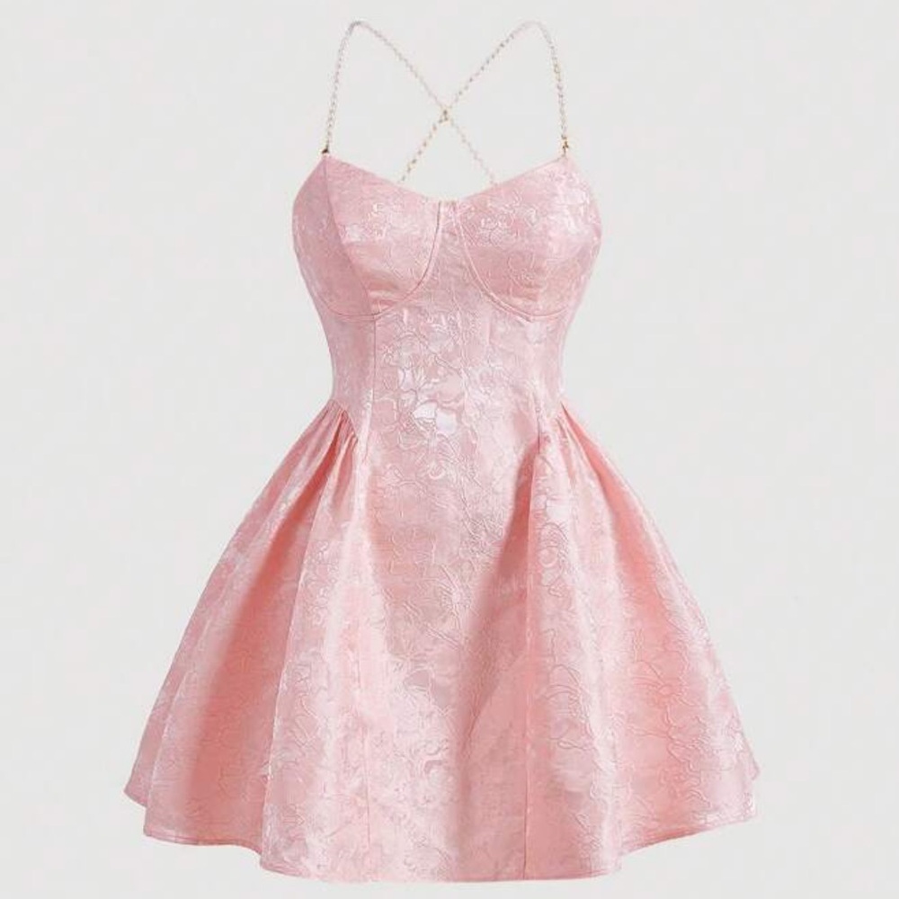 Pink Jacquard Pearls Fit & Flare Dress 1X